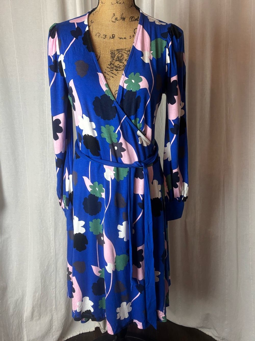 Boden Long Sleeve Floral Wrap Midi Dress Size 10R Blue Pink White Business - Picture 2 of 7
